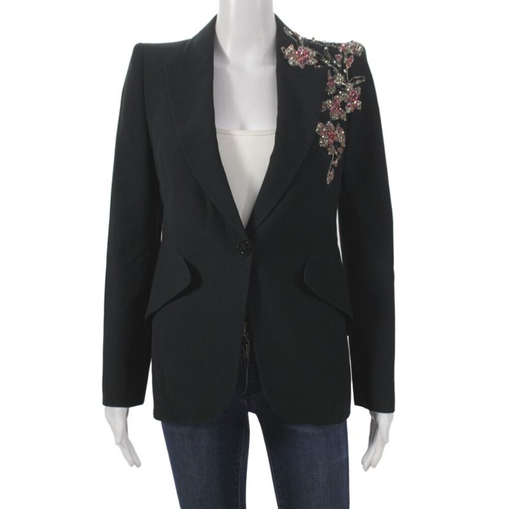 Alexander McQueen Women Wool Floral Jacket Black Longsleeve Size 40